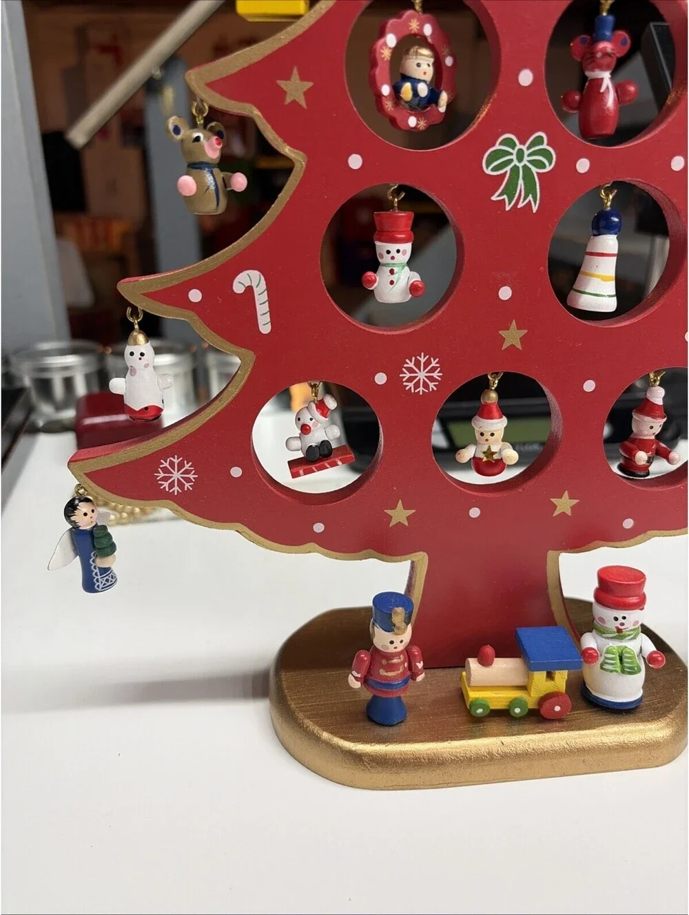 Vintage Wooden Christmas Tree On Stand W/ 16 Ornaments 12.5” X 9.5” Hand Painted